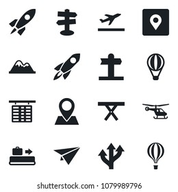 Set of vector isolated black icon - departure vector, baggage conveyor, helicopter, flight table, picnic, route, signpost, pin, place tag, mountains, rocket, paper plane, air balloon