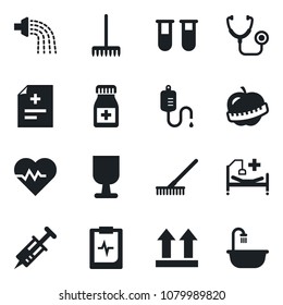 Set of vector isolated black icon - rake vector, watering, heart pulse, diagnosis, stethoscope, syringe, blood test vial, dropper, pills bottle, hospital bed, clipboard, diet, fragile, up side sign