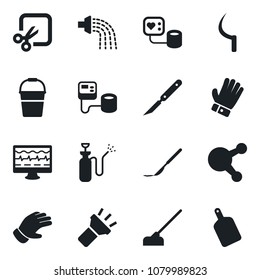 Set of vector isolated black icon - bucket vector, watering, glove, hoe, sickle, garden sprayer, monitor pulse, blood pressure, scalpel, share, torch, cut, cutting board