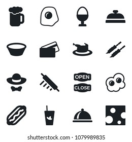 Set of vector isolated black icon - dish vector, reception, phyto bar, beer, egg stand, dress code, open close, credit card, chicken, kebab, hot dog, bowl, rolling pin, omelette, cheese