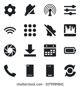 Set of vector isolated black icon - antenna vector, phone back, call, menu, mobile camera, settings, tuning, scanner, calendar, download, wireless, mute, battery, update