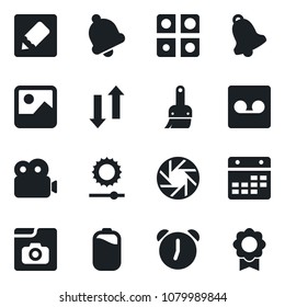 Set of vector isolated black icon - mobile camera vector, gallery, themes, alarm, bell, record, calendar, notes, data exchange, brightness, video, photo, battery, application, sertificate
