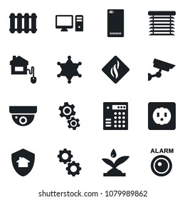 Set of vector isolated black icon - phone back vector, home control, socket, irrigation, pc, gear, smoke detector, radiator, jalousie, protect, police, combination lock, surveillance, alarm led