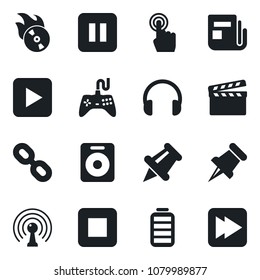 Set of vector isolated black icon - clapboard vector, flame disk, antenna, news, gamepad, touch screen, headphones, chain, speaker, paper pin, battery, play button, pause, stop, fast forward