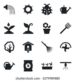 Set of vector isolated black icon - flower in pot vector, farm fork, ripper, rake, tree, watering can, sproute, lady bug, seedling, sun, bird house, fertilizer, irrigation, sprinkler