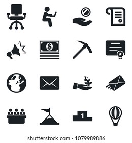 Set of vector isolated black icon - meeting vector, palm sproute, motivation, earth, office chair, investment, cash, certificate, mail, advertising, pedestal, contract, man with notebook, hard work