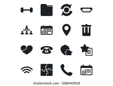 Set of vector isolated black icon - trash bin vector, barbell, pin, term, favorites list, heart, call, folder, wireless, application, update, hierarchy, phone, hot dog, home protect, calendar