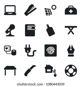 Set of vector isolated black icon - garden knife vector, picnic table, doctor case, blood pressure, microphone, laptop pc, fingerprint id, ink pen, stapler, sun panel, cutting board, home control