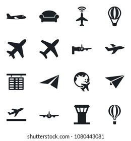 Set of vector isolated black icon - plane vector, airport tower, radar, departure, waiting area, boarding, flight table, globe, paper, air balloon