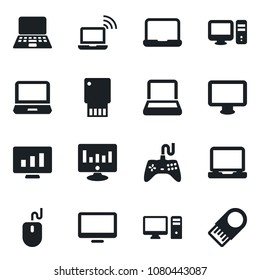 Set of vector isolated black icon - wireless notebook vector, mouse, pc, statistic monitor, gamepad, laptop, usb flash