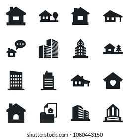 Set of vector isolated black icon - house vector, office building, with garage, tree, estate document, sweet home, city, message