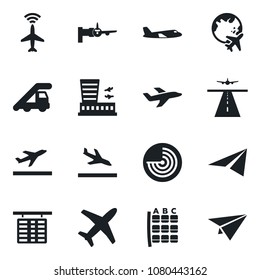 Set of vector isolated black icon - runway vector, plane radar, departure, arrival, ladder car, boarding, seat map, flight table, globe, airport building, paper