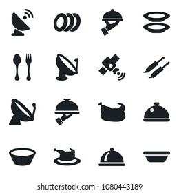 Set of vector isolated black icon - satellite antenna vector, spoon and fork, dish, plates, waiter, chicken, kebab, bowl