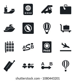 Set of vector isolated black icon - suitcase vector, arrival, baggage trolley, passport, larry, ladder car, seat map, sea shipping, route, compass, air balloon