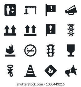 Set of vector isolated black icon - barrier vector, elevator, no smoking, border cone, important flag, traffic light, fragile, up side sign, hook, flammable, loudspeaker