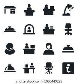 Set of vector isolated black icon - reception bell vector, office chair, desk, manager place, support, lamp, information