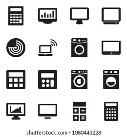 Set of vector isolated black icon - wireless notebook vector, radar, calculator, tv, monitor, statistics, washer