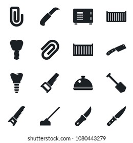 Set of vector isolated black icon - safe vector, job, saw, hoe, garden knife, implant, cargo container, paper clip, dish