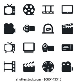 Set of vector isolated black icon - ticket vector, office, clapboard, film frame, reel, tv, video camera