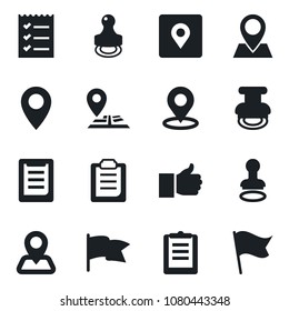Set of vector isolated black icon - stamp vector, navigation, pin, clipboard, finger up, place tag, checklist, flag