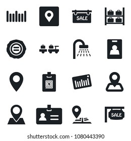 Set of vector isolated black icon - identity vector, shower, baggage larry, luggage storage, stamp, navigation, pin, barcode, place tag, card, sale