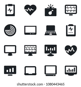 Set of vector isolated black icon - bomb in case vector, radar, notebook pc, statistic monitor, heart pulse, clipboard, tv, statistics