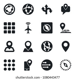 Set of vector isolated black icon - plane radar vector, route, navigation, pin, mobile tracking, network, menu, compass