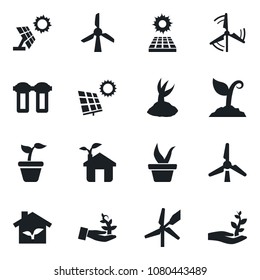 Set of vector isolated black icon - seedling vector, sproute, sun panel, windmill, eco house, water filter, palm