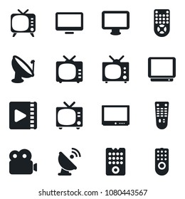 Set of vector isolated black icon - tv vector, satellite antenna, remote control, monitor, video