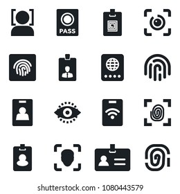 Set of vector isolated black icon - passport vector, identity, card, face id, eye, fingerprint, pass