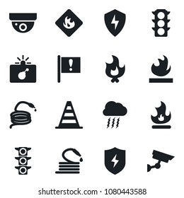 Set of vector isolated black icon - bomb in case vector, border cone, storm cloud, fire, hose, important flag, traffic light, flammable, protect, surveillance