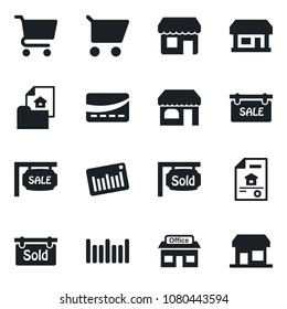 Set of vector isolated black icon - shop vector, store, barcode, estate document, sale, sold signboard, credit card, cart, storefront