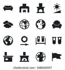 Set of vector isolated black icon - clouds vector, fireplace, blood test vial, earth, brightness, cushioned furniture, flag