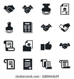 Set of vector isolated black icon - handshake vector, contract, finger up, stamp, estate document