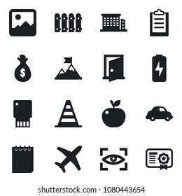 Set of vector isolated black icon - border cone vector, notepad, plane, car delivery, gallery, charge, clipboard, fence, office building, apple fruit, eye scan, door, usb flash, motivation