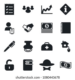 Set of vector isolated black icon - doctor case vector, patient, group, copybook, checklist, stamp, pen, lock, dress code, home control, water heater, information, handshake, growth graph, cash