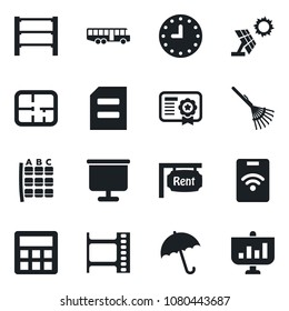 Set Of Vector Isolated Black Icon - Airport Bus Vector, Umbrella, Seat Map, Document, Rake, Clock, Rack, Film Frame, Calculator, Presentation Board, Plan, Rent, Sun Panel, Pass Card, Certificate