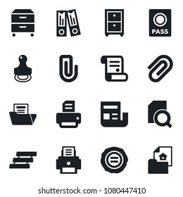 Set of vector isolated black icon - passport vector, office binder, stamp, printer, contract, paper clip, news, document folder, search, tray, archive box, estate