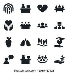 Set of vector isolated black icon - team vector, meeting, manager place, heart hand, lungs, real, speaker, fingerprint id, company, group, hierarchy, palm sproute