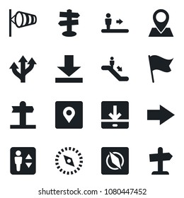 Set of vector isolated black icon - elevator vector, escalator, right arrow, wind, route, signpost, pin, download, place tag, compass, flag, guidepost