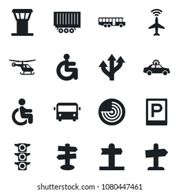 Set of vector isolated black icon - airport tower vector, plane radar, bus, parking, alarm car, helicopter, disabled, route, signpost, traffic light, truck trailer, guidepost