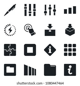 Set of vector isolated black icon - package vector, sorting, settings, touch screen, stop button, menu, folder, charge, application, pen, information