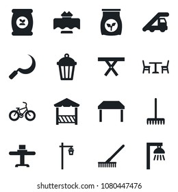 Set of vector isolated black icon - cafe vector, ladder car, rake, sickle, garden light, picnic table, fertilizer, bike, restaurant, alcove, outdoor lamp
