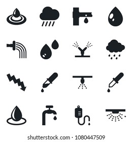 Set of vector isolated black icon - crisis graph vector, watering, water drop, rain, drip irrigation, dropper, supply, sprinkler