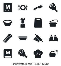 Set of vector isolated black icon - cook vector, cafe, hat, menu, bacon, salt and pepper, ham, bowl, rolling pin, cutting board, knife, steaming pan