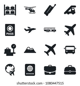 Set of vector isolated black icon - plane vector, suitcase, airport bus, passport, ladder car, helicopter, luggage storage, scales, globe, mountains, case