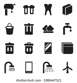 Set of vector isolated black icon - trash bin vector, shower, bucket, tooth, mobile, blank box, water supply, bathroom, serviette, filter, windmill