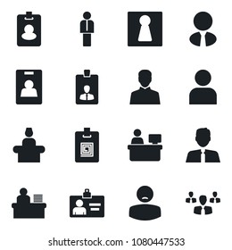Set of vector isolated black icon - female vector, reception, manager, identity card, place, patient, user, desk, estate agent, pass, group