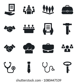 Set of vector isolated black icon - handshake vector, team, tie, document, stethoscope, meeting, cook hat, case