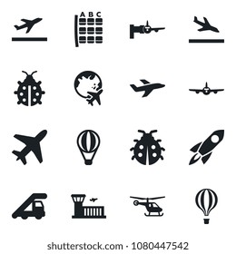 Set of vector isolated black icon - plane vector, departure, arrival, ladder car, boarding, helicopter, seat map, globe, airport building, lady bug, rocket, air balloon